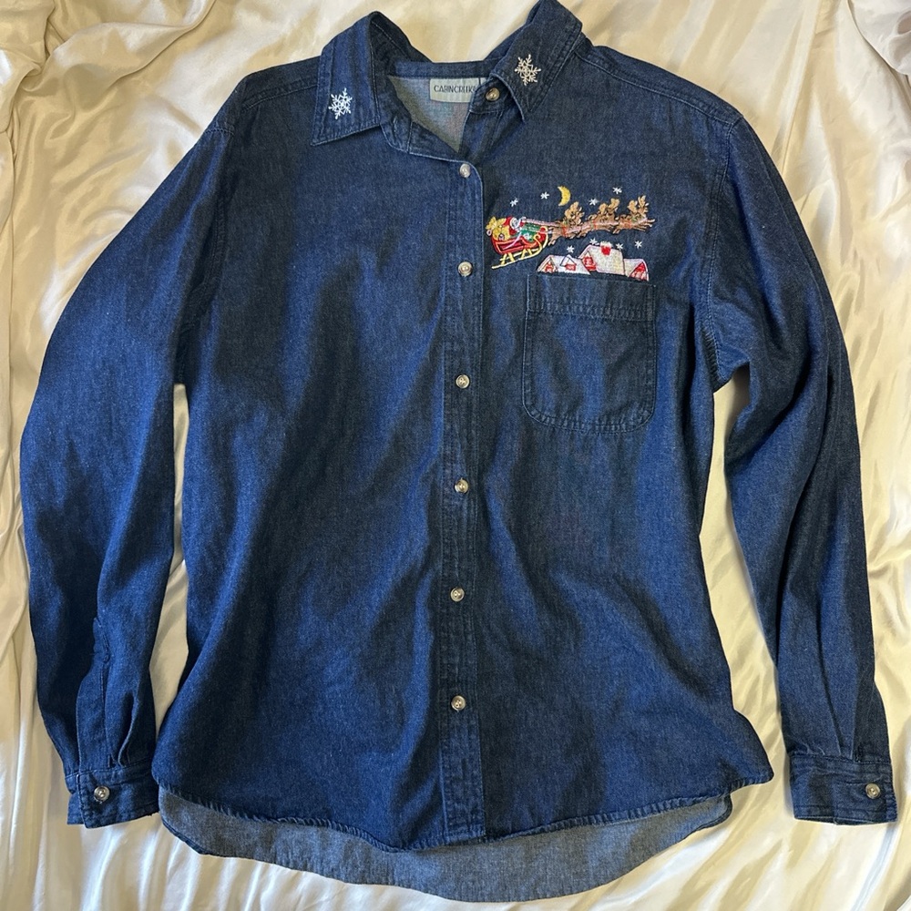 Cabin Creek Blue Button Down Shirt with Festive Embroidery